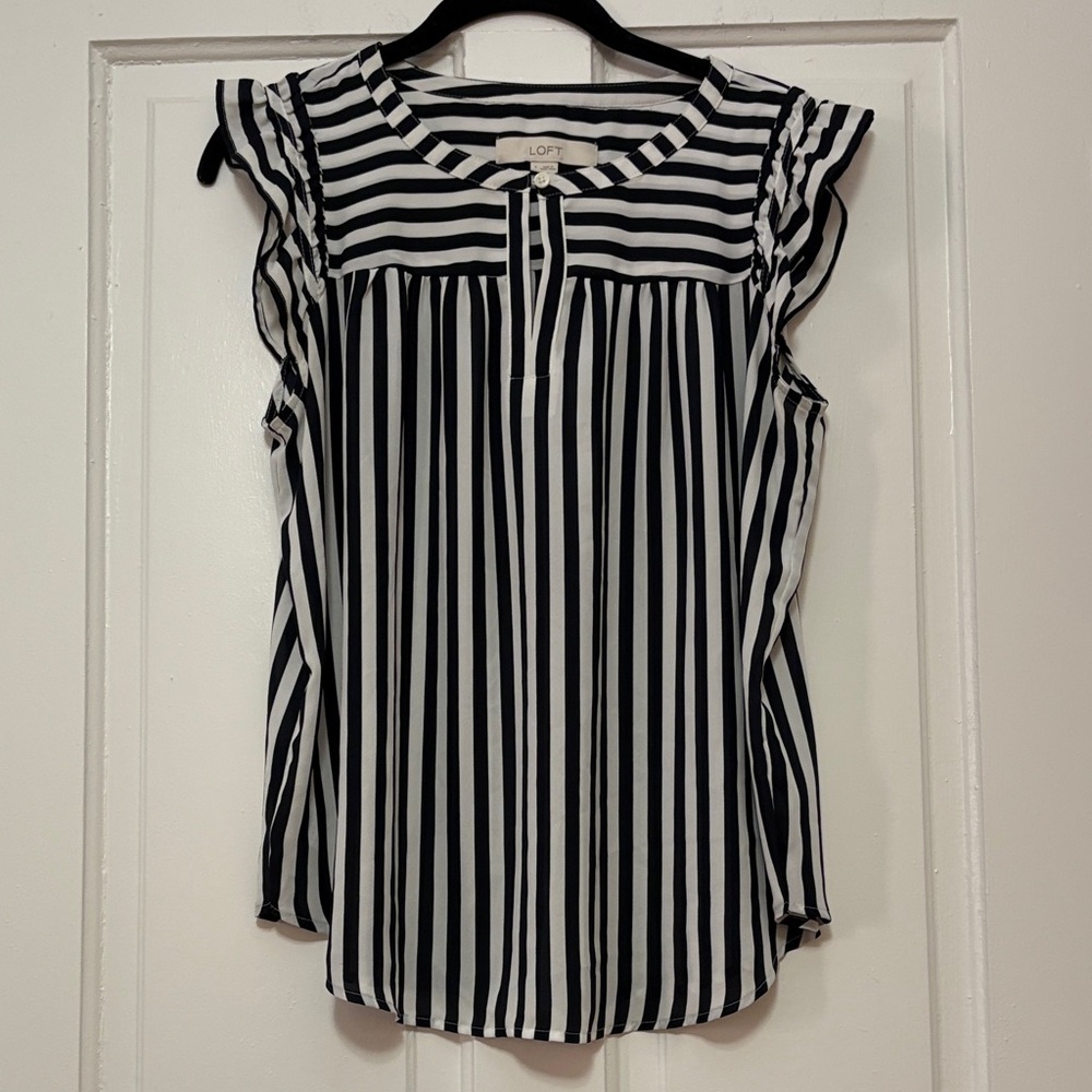 LOFT Black and White Striped Ruffle Blouse